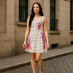 White dress with polka dots and floral print.