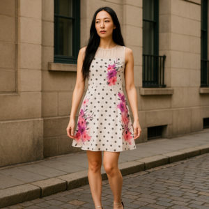 White dress with polka dots and floral print.