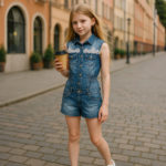 Jumpsuit in Denim con lavorazione  in pizzo e perle
