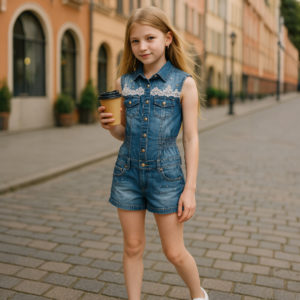 Jumpsuit in Denim con lavorazione  in pizzo e perle