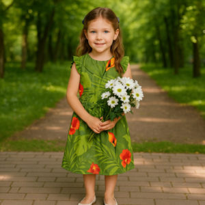 Jumpsuit a fiori verde. Cintura in vita. Maniche a giro