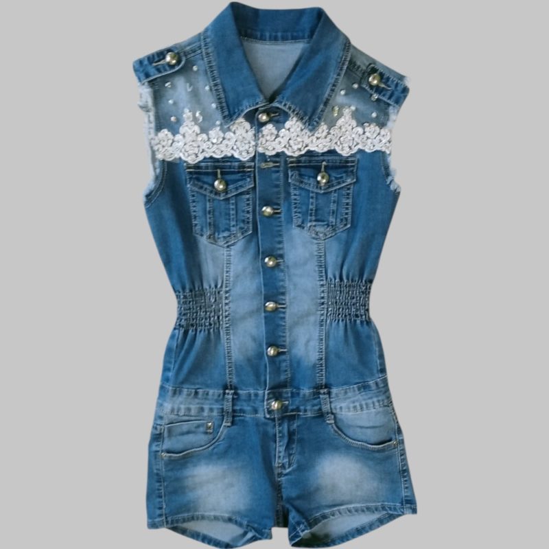 Jumpsuit in Denim con lavorazione  in pizzo e perle - immagine 4